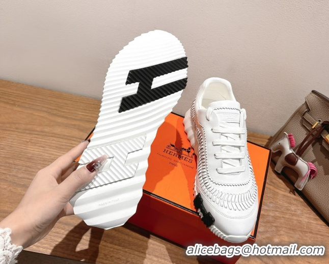 Classic Hot Hermes Bouncing Sneakers in Calfskin Leather with Braided Detail White 0419099