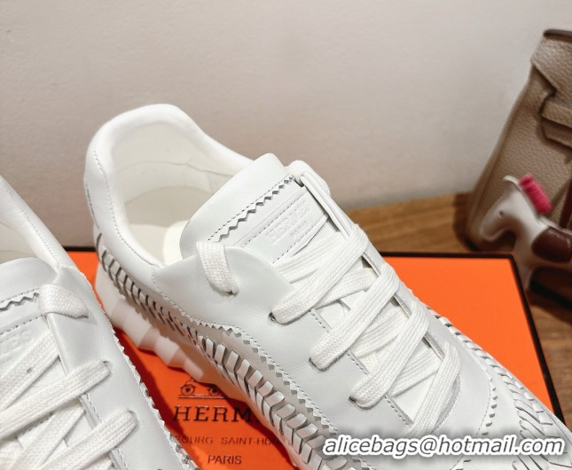 Classic Hot Hermes Bouncing Sneakers in Calfskin Leather with Braided Detail White 0419099