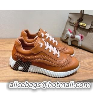 Good Quality Hermes Bouncing Sneakers in Calfskin Leather with Braided Detail Tan Brown 0419100