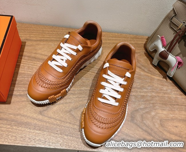 Good Quality Hermes Bouncing Sneakers in Calfskin Leather with Braided Detail Tan Brown 0419100