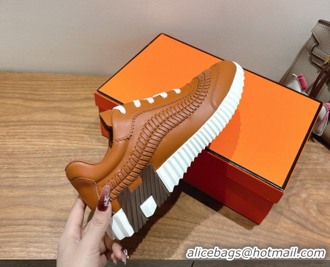 Good Quality Hermes Bouncing Sneakers in Calfskin Leather with Braided Detail Tan Brown 0419100