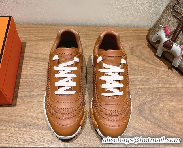 Good Quality Hermes Bouncing Sneakers in Calfskin Leather with Braided Detail Tan Brown 0419100