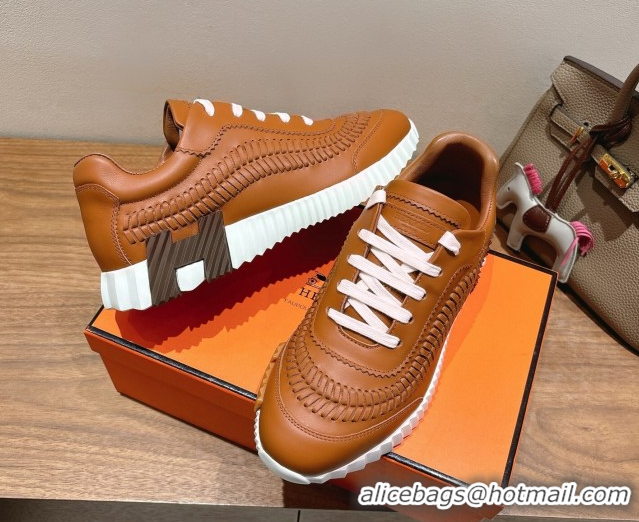 Good Quality Hermes Bouncing Sneakers in Calfskin Leather with Braided Detail Tan Brown 0419100