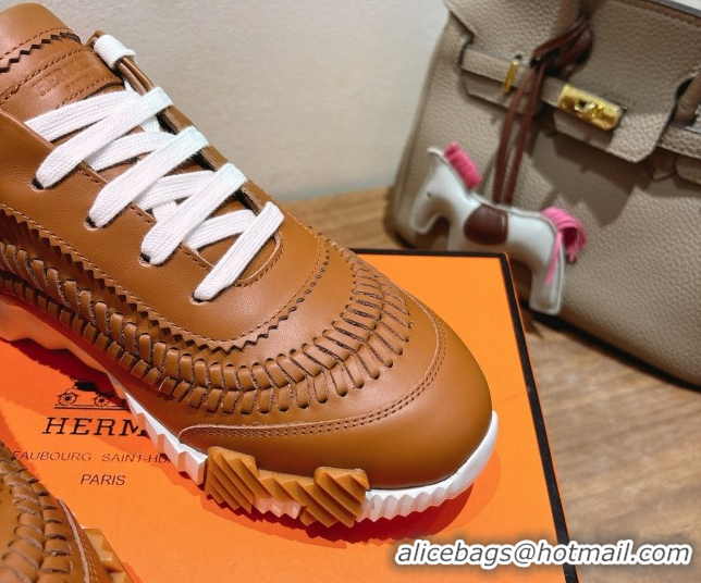 Good Quality Hermes Bouncing Sneakers in Calfskin Leather with Braided Detail Tan Brown 0419100