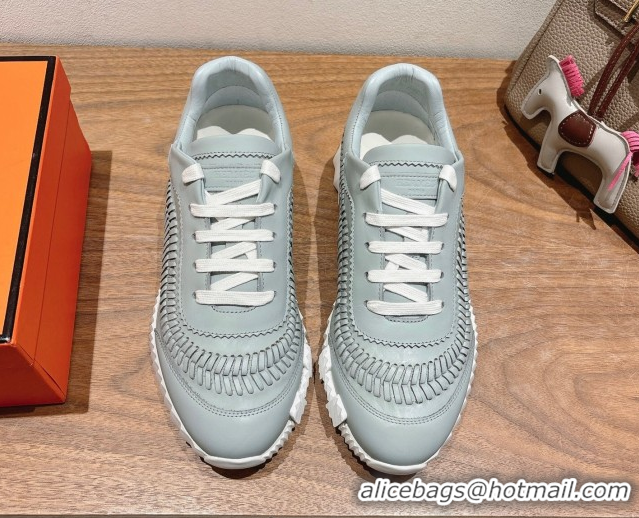 Grade Quality Hermes Bouncing Sneakers in Calfskin Leather with Braided Detail Blue 0419101