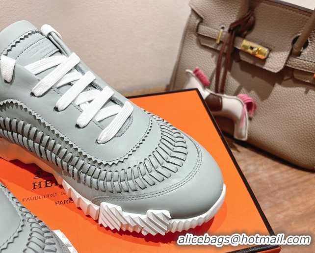 Grade Quality Hermes Bouncing Sneakers in Calfskin Leather with Braided Detail Blue 0419101