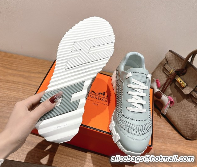 Grade Quality Hermes Bouncing Sneakers in Calfskin Leather with Braided Detail Blue 0419101