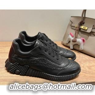 Unique Style Hermes Bouncing Sneakers in Calfskin Leather with Braided Detail All Black 0419102