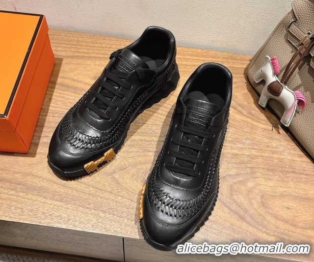 Unique Style Hermes Bouncing Sneakers in Calfskin Leather with Braided Detail All Black 0419102