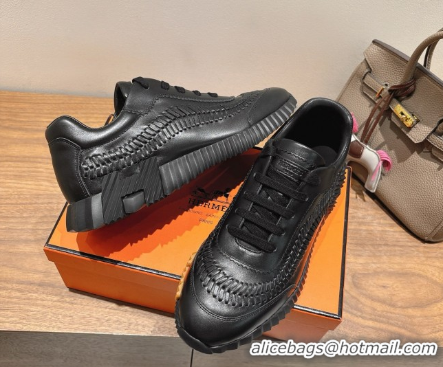 Unique Style Hermes Bouncing Sneakers in Calfskin Leather with Braided Detail All Black 0419102