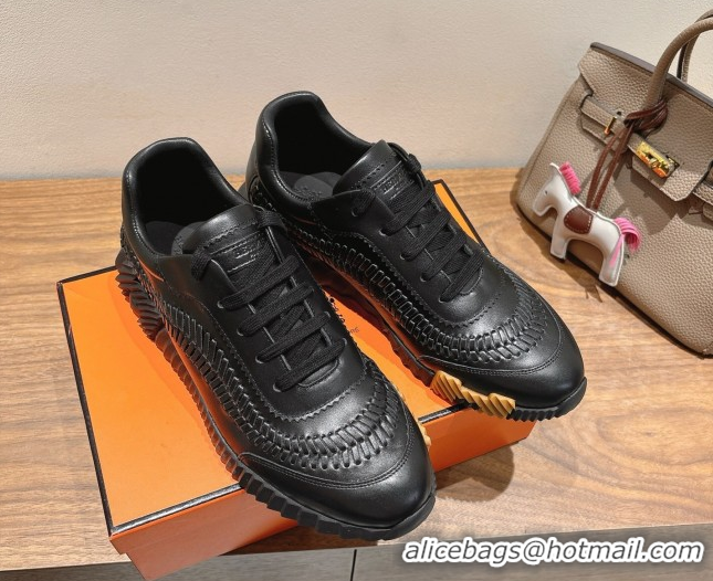 Unique Style Hermes Bouncing Sneakers in Calfskin Leather with Braided Detail All Black 0419102