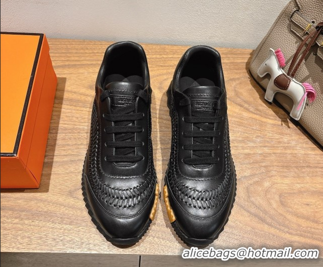 Unique Style Hermes Bouncing Sneakers in Calfskin Leather with Braided Detail All Black 0419102