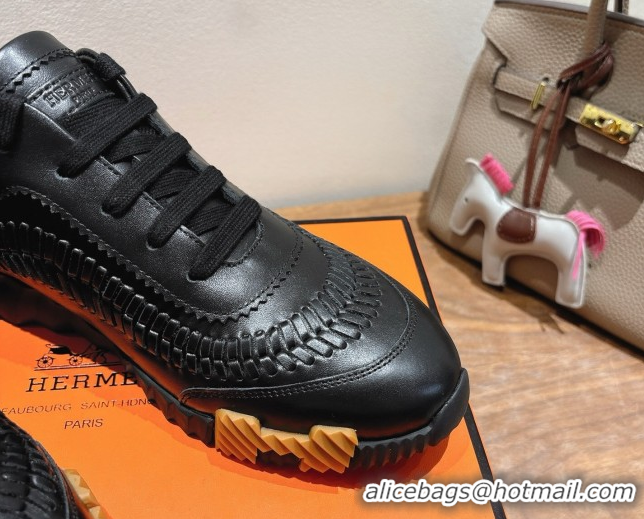 Unique Style Hermes Bouncing Sneakers in Calfskin Leather with Braided Detail All Black 0419102
