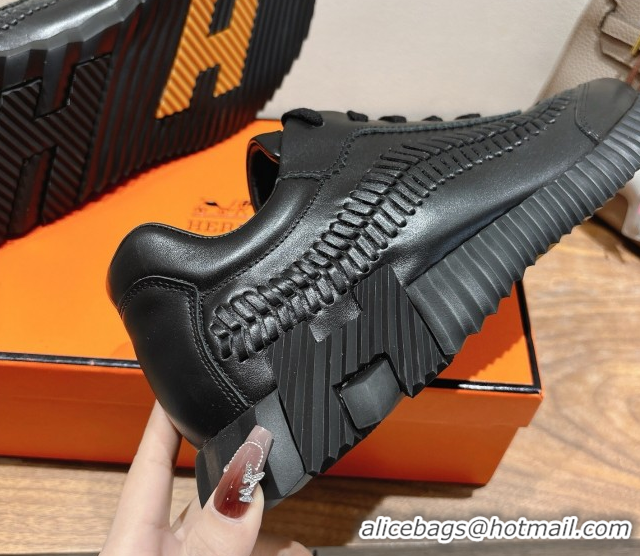 Unique Style Hermes Bouncing Sneakers in Calfskin Leather with Braided Detail All Black 0419102