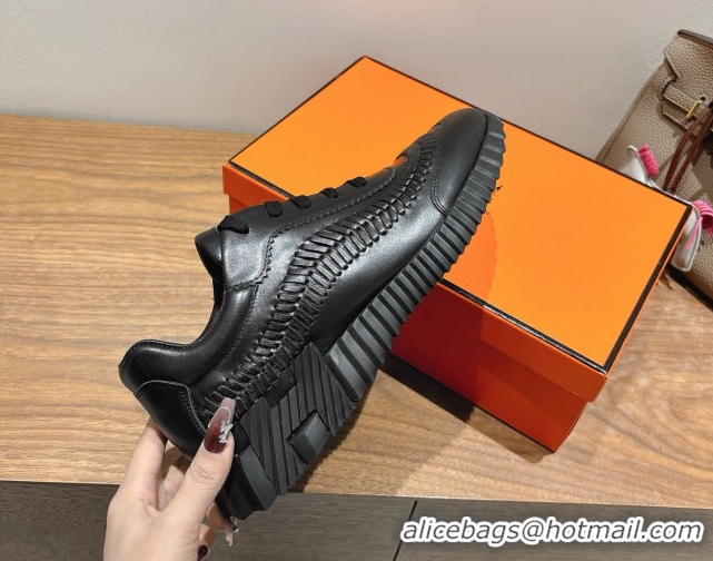 Unique Style Hermes Bouncing Sneakers in Calfskin Leather with Braided Detail All Black 0419102