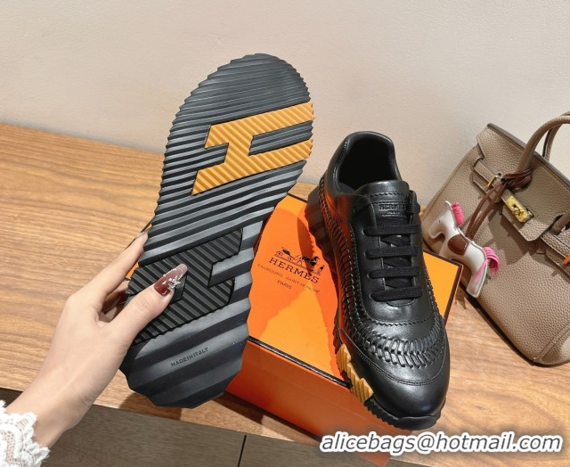 Unique Style Hermes Bouncing Sneakers in Calfskin Leather with Braided Detail All Black 0419102