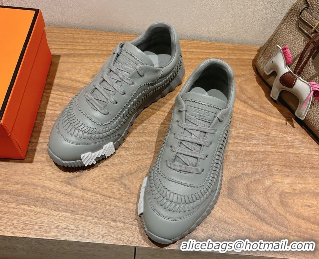 Low Cost Hermes Bouncing Sneakers in Calfskin Leather with Braided Detail Dark Grey 0419103