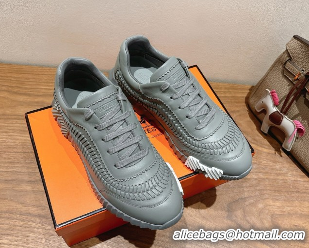 Low Cost Hermes Bouncing Sneakers in Calfskin Leather with Braided Detail Dark Grey 0419103
