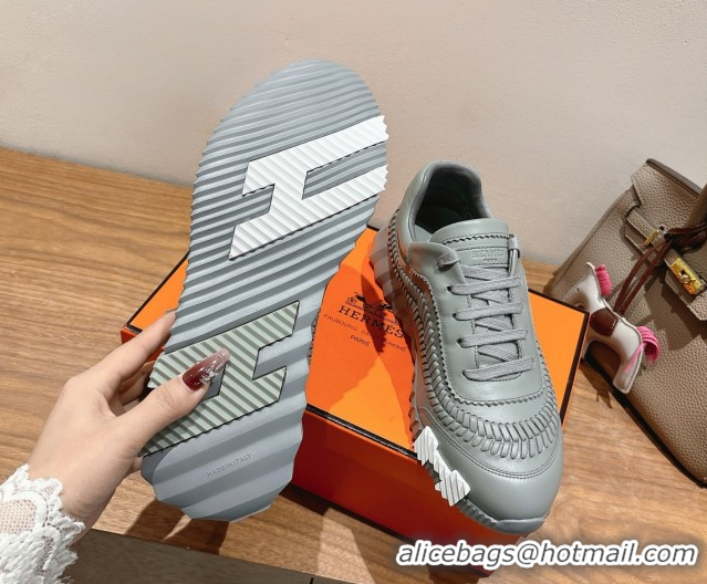 Low Cost Hermes Bouncing Sneakers in Calfskin Leather with Braided Detail Dark Grey 0419103
