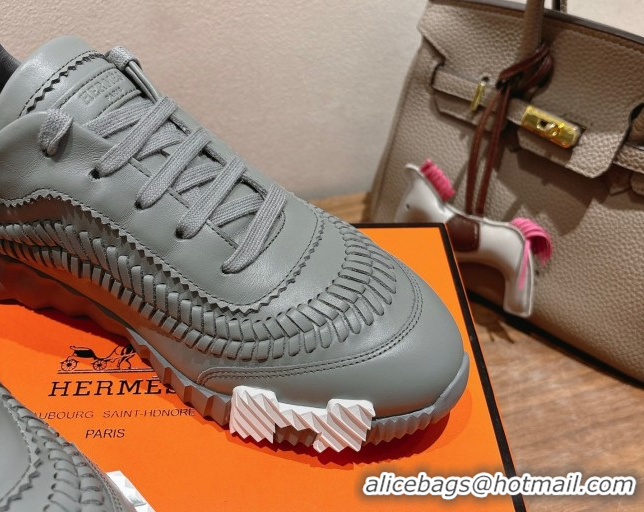 Low Cost Hermes Bouncing Sneakers in Calfskin Leather with Braided Detail Dark Grey 0419103