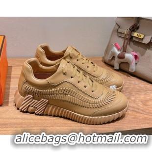 Purchase Hermes Bouncing Sneakers in Calfskin Leather with Braided Detail Light Brown 0419104