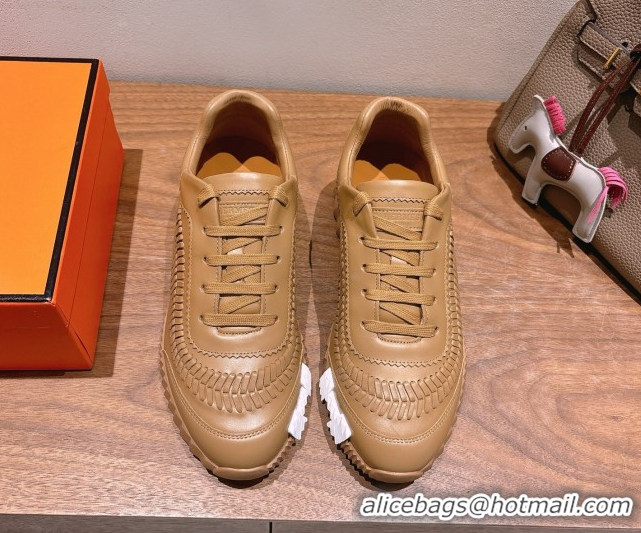 Purchase Hermes Bouncing Sneakers in Calfskin Leather with Braided Detail Light Brown 0419104