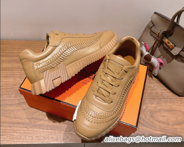 Purchase Hermes Bouncing Sneakers in Calfskin Leather with Braided Detail Light Brown 0419104