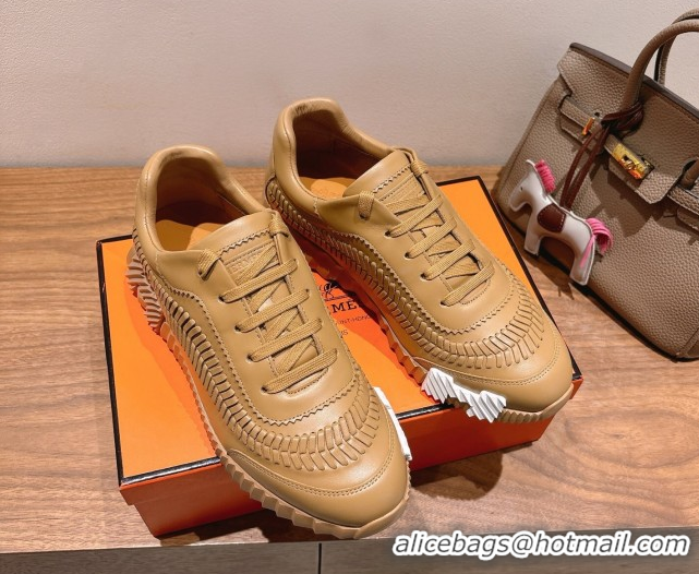 Purchase Hermes Bouncing Sneakers in Calfskin Leather with Braided Detail Light Brown 0419104