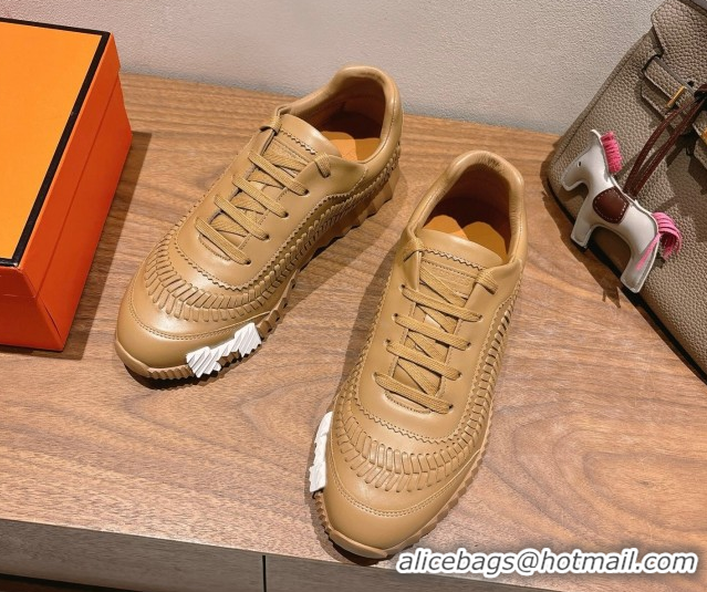 Purchase Hermes Bouncing Sneakers in Calfskin Leather with Braided Detail Light Brown 0419104