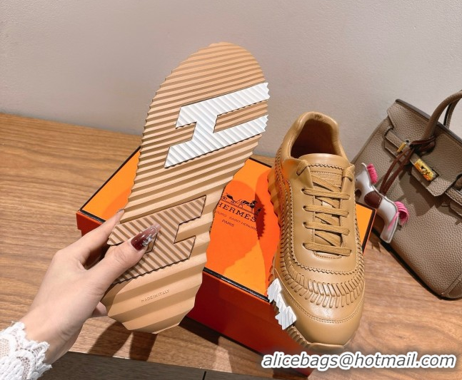 Purchase Hermes Bouncing Sneakers in Calfskin Leather with Braided Detail Light Brown 0419104