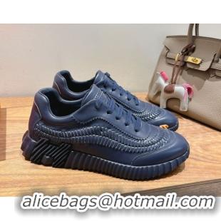 Lowest Cost Hermes Bouncing Sneakers in Calfskin Leather with Braided Detail Dark Blue 0419105