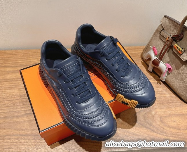 Lowest Cost Hermes Bouncing Sneakers in Calfskin Leather with Braided Detail Dark Blue 0419105