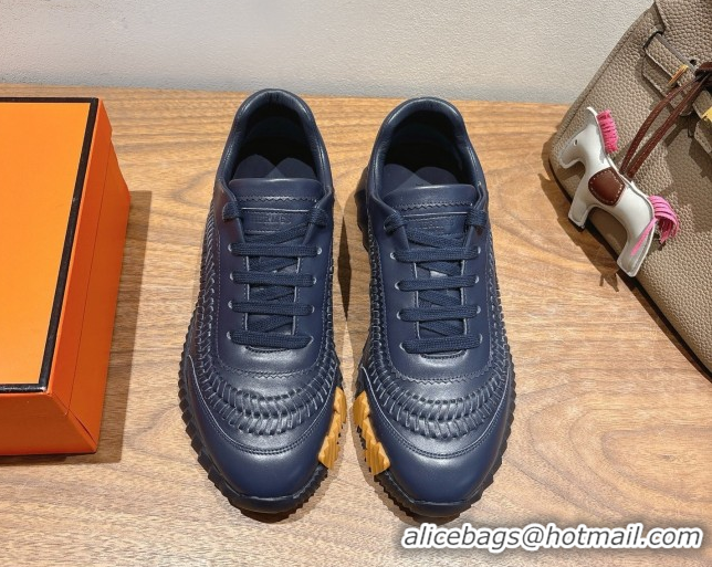 Lowest Cost Hermes Bouncing Sneakers in Calfskin Leather with Braided Detail Dark Blue 0419105
