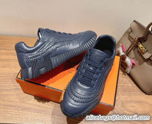 Lowest Cost Hermes Bouncing Sneakers in Calfskin Leather with Braided Detail Dark Blue 0419105
