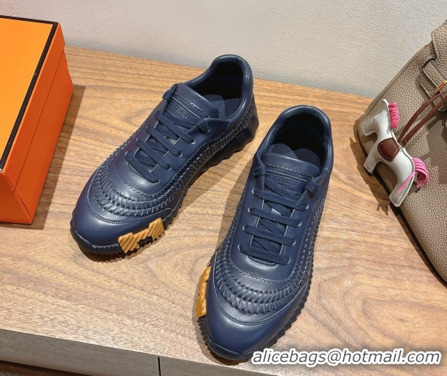 Lowest Cost Hermes Bouncing Sneakers in Calfskin Leather with Braided Detail Dark Blue 0419105