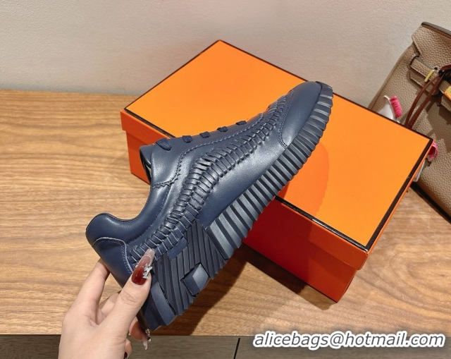 Lowest Cost Hermes Bouncing Sneakers in Calfskin Leather with Braided Detail Dark Blue 0419105