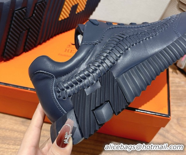 Lowest Cost Hermes Bouncing Sneakers in Calfskin Leather with Braided Detail Dark Blue 0419105