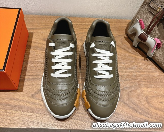 Low Price Hermes Bouncing Sneakers in Calfskin Leather with Braided Detail Green 0419106