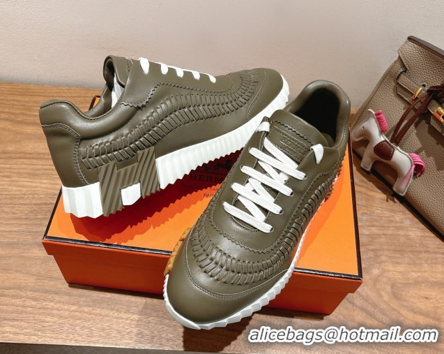 Low Price Hermes Bouncing Sneakers in Calfskin Leather with Braided Detail Green 0419106
