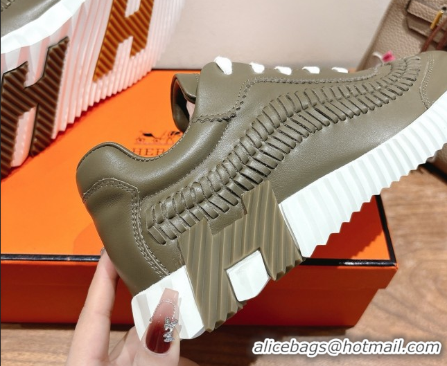 Low Price Hermes Bouncing Sneakers in Calfskin Leather with Braided Detail Green 0419106