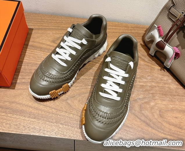 Low Price Hermes Bouncing Sneakers in Calfskin Leather with Braided Detail Green 0419106