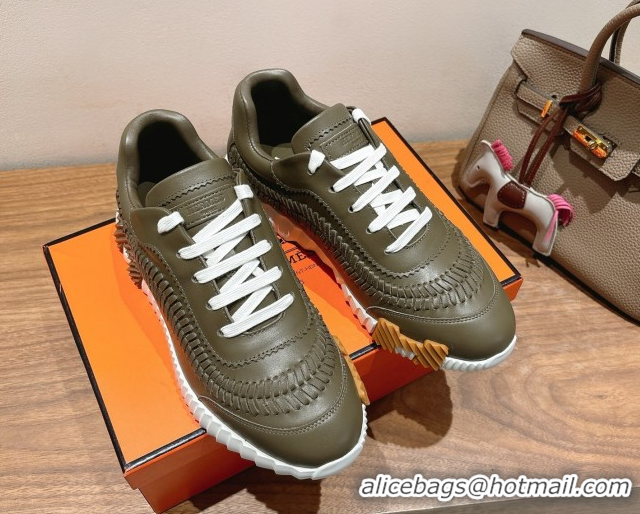 Low Price Hermes Bouncing Sneakers in Calfskin Leather with Braided Detail Green 0419106