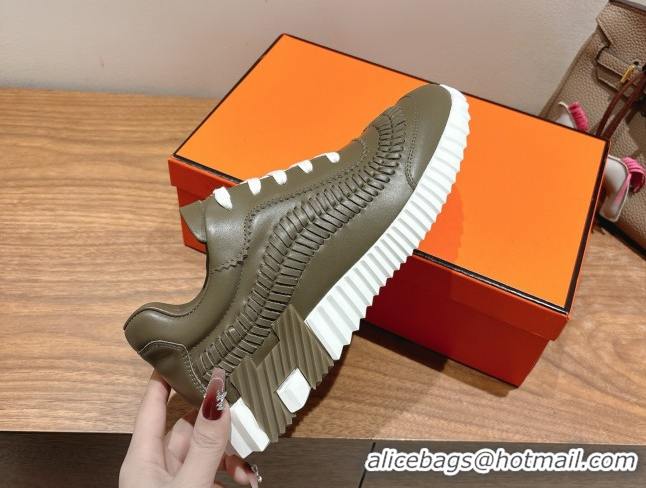 Low Price Hermes Bouncing Sneakers in Calfskin Leather with Braided Detail Green 0419106