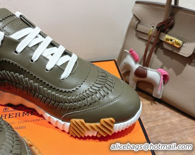 Low Price Hermes Bouncing Sneakers in Calfskin Leather with Braided Detail Green 0419106
