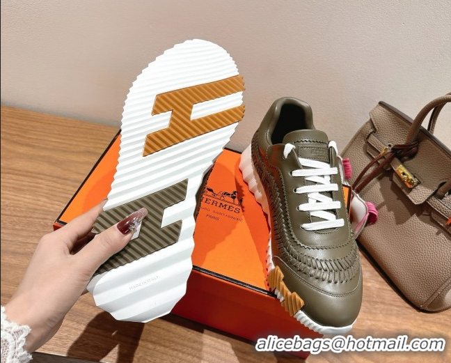 Low Price Hermes Bouncing Sneakers in Calfskin Leather with Braided Detail Green 0419106
