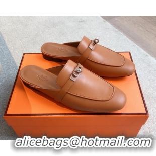 Best Product Hermes Oz Flat Mules in Calfskin Leather Brown 0419107
