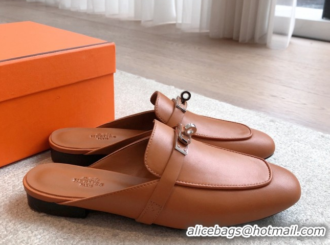 Best Product Hermes Oz Flat Mules in Calfskin Leather Brown 0419107