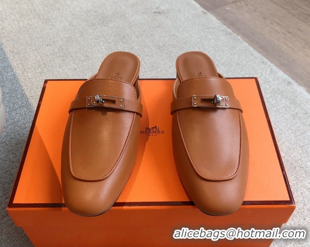 Best Product Hermes Oz Flat Mules in Calfskin Leather Brown 0419107