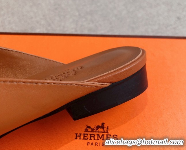 Best Product Hermes Oz Flat Mules in Calfskin Leather Brown 0419107