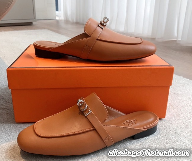 Best Product Hermes Oz Flat Mules in Calfskin Leather Brown 0419107